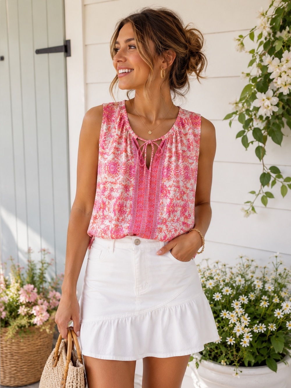 Violet & Claire Pink Boho Sleeveless Blouse - M